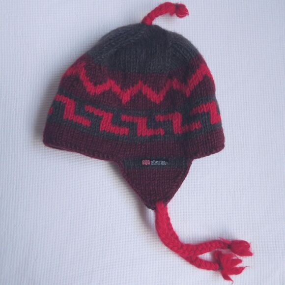 SHERPA ADVENTURE GEAR Tashi Wool Knit Beanie Hat OS Chullo Lined Gray Maroon Red - Picture 1 of 7